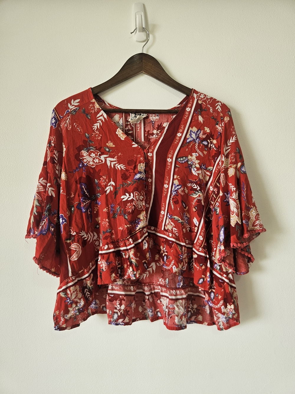 JAASE Floral Red Blouse  Small Bell Sleeves Boho Whimsical Ruffle